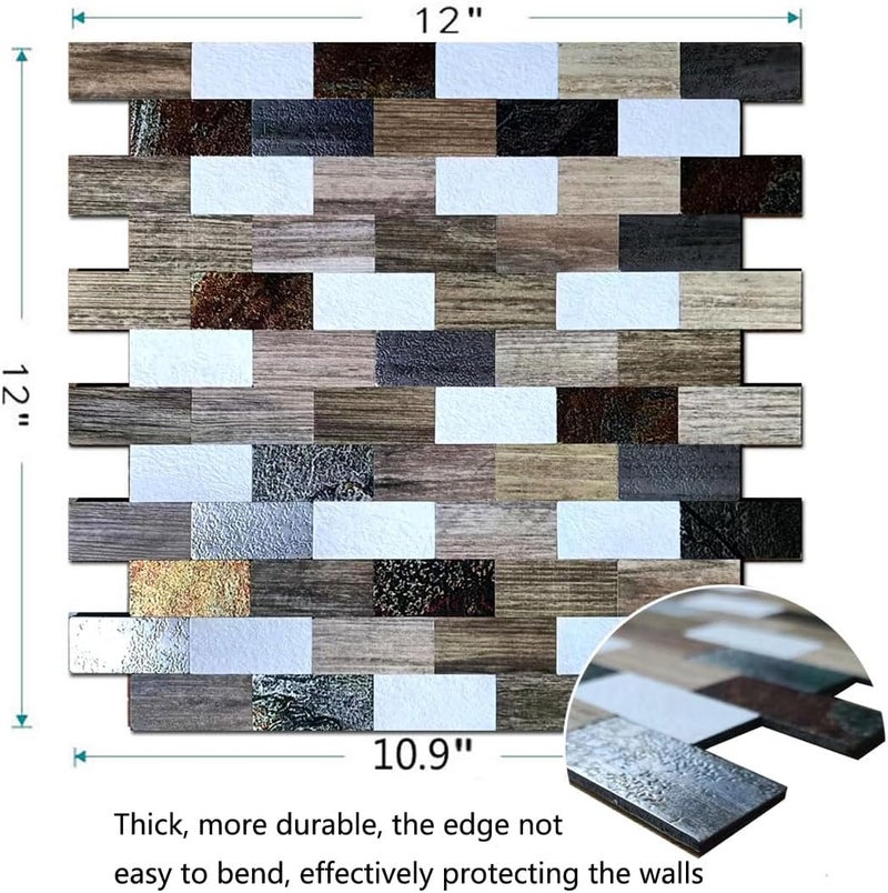weimeisc 10 pcs Peel and Stick Tile Backsplash,Metal Subway Tile Stick on Kitchen Wall Bathroom(12"x10.9" (Wooden+Printing) - Image 2